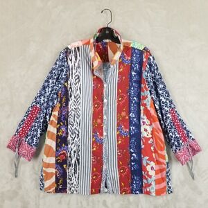 John Mark Tunic Women Plus 1X Multicolor Patchwork Wire Collar 3/4 Sleeve Blouse